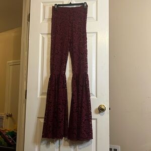 Boho Style Floral Lace Bell Bottom Flare Pants Burgundy